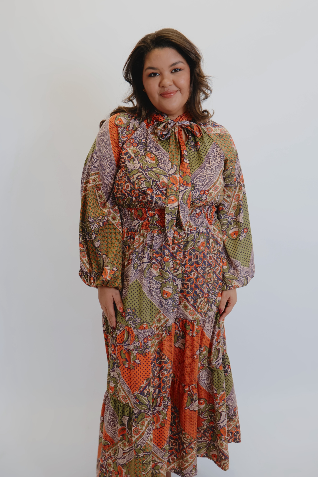 Abito lungo in raso patchwork Mirabel