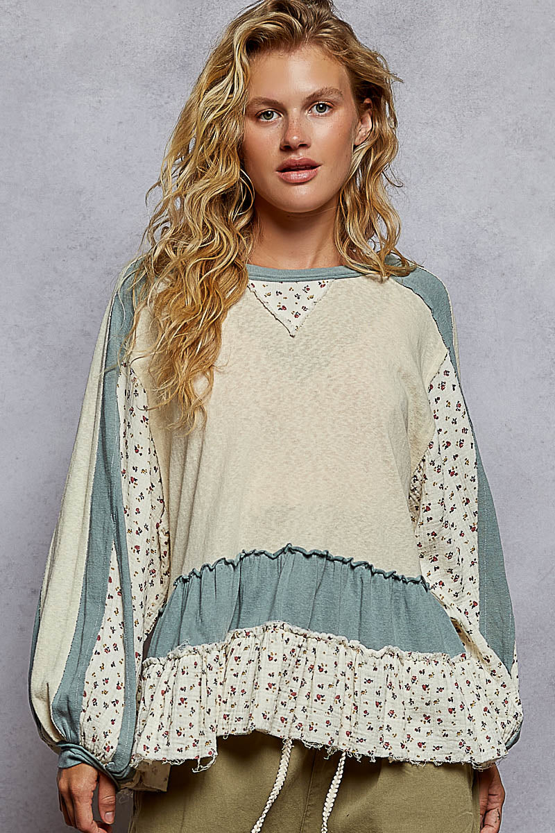 Top con maniche a balze patchwork vintage